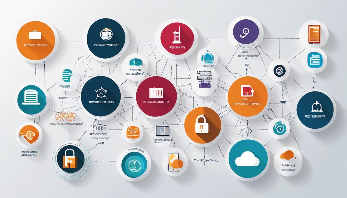 An image showing the process of managing an intellectual property (IP) portfolio, with various assets represented by icons connected in a network.