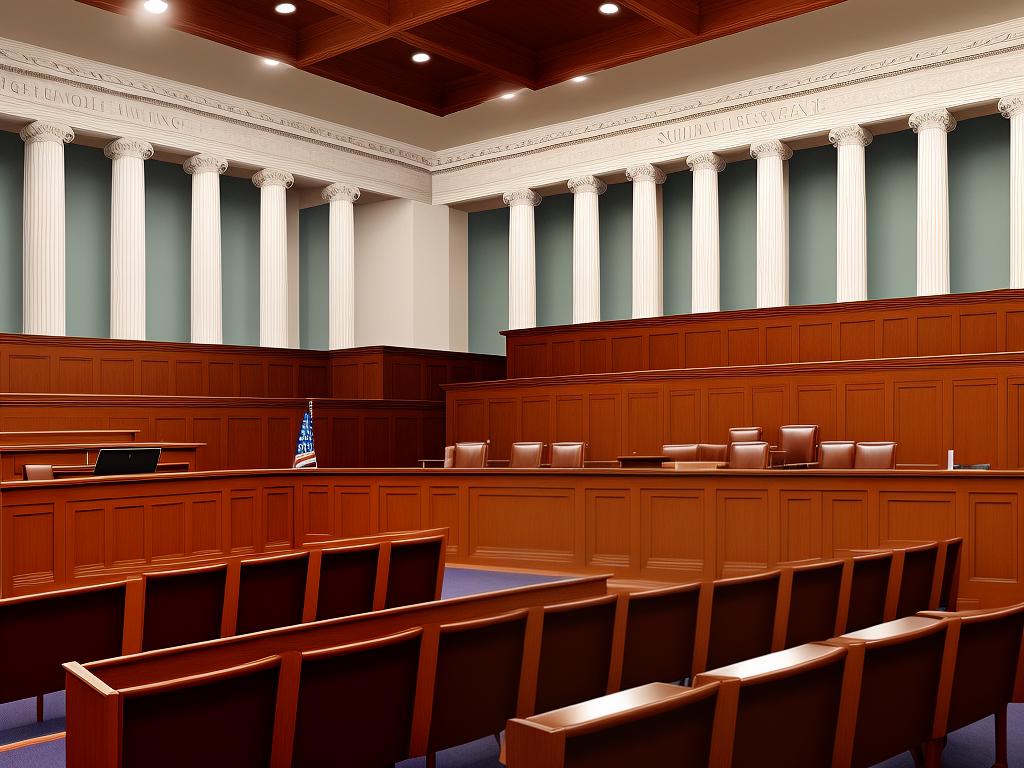 Illustration of a courtroom with scales of justice, representing the ongoing debates and controversies surrounding self-defense laws