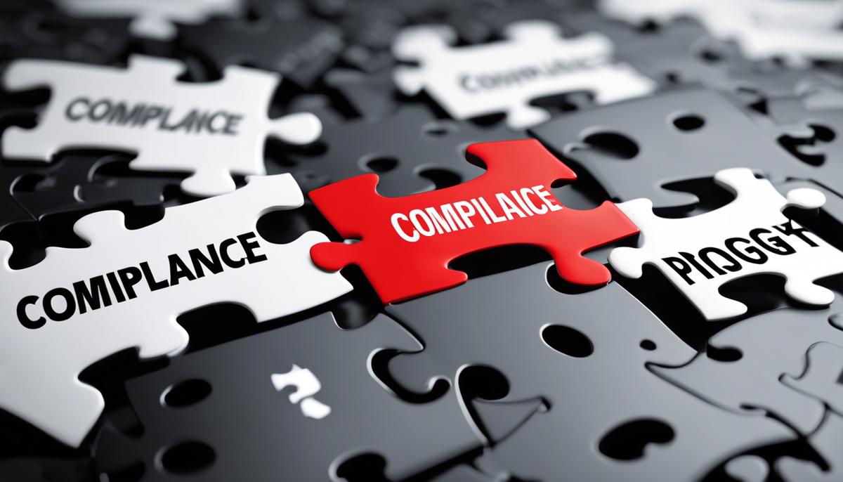 Conceptual image showing a puzzle with the word compliance fitting in perfectly alongside other puzzle pieces representing risk management, legal insight, technology, and proactive strategy. The image symbolizes the importance of compliance in streamlining regulatory processes.