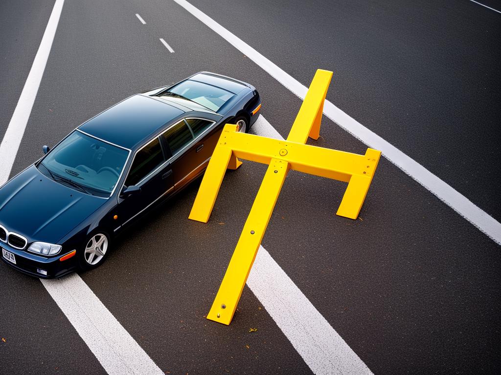 An image depicting DUI law basics, showing a car on a road with a breathalyzer test in the foreground.