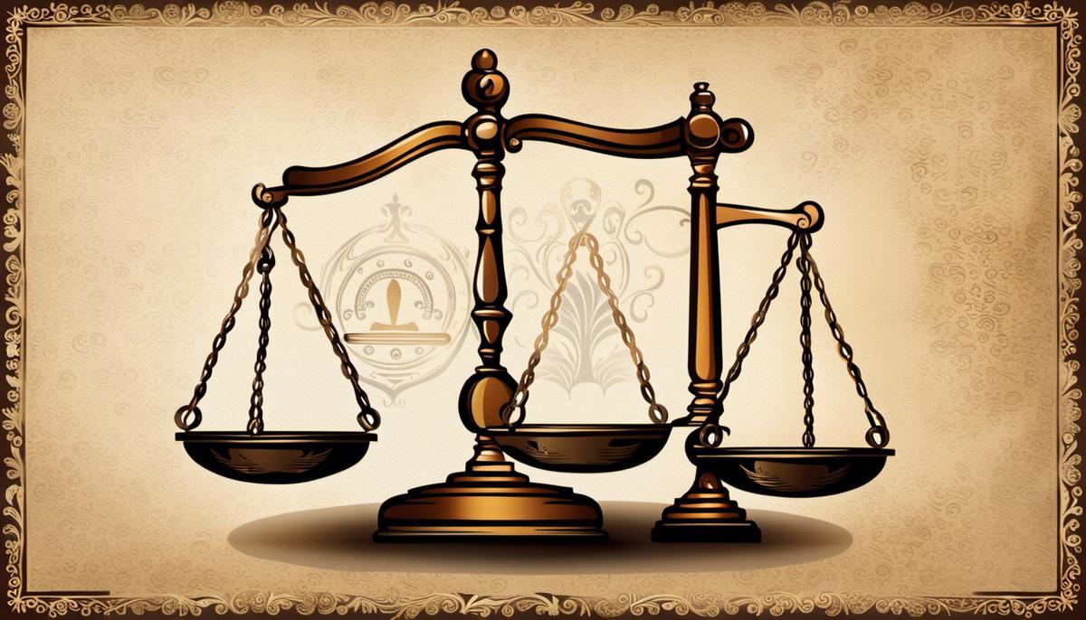 Illustration depicting a weighing scale with legal symbols on one side and ethical symbols on the other, representing the balance between legal and ethical obligations for criminal defense lawyers.