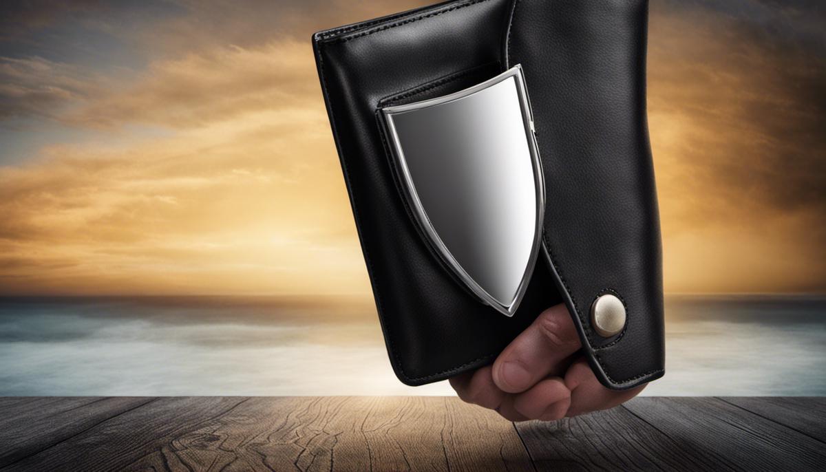 Image showing a person protecting their wallet with a shield, representing protection against fraud.