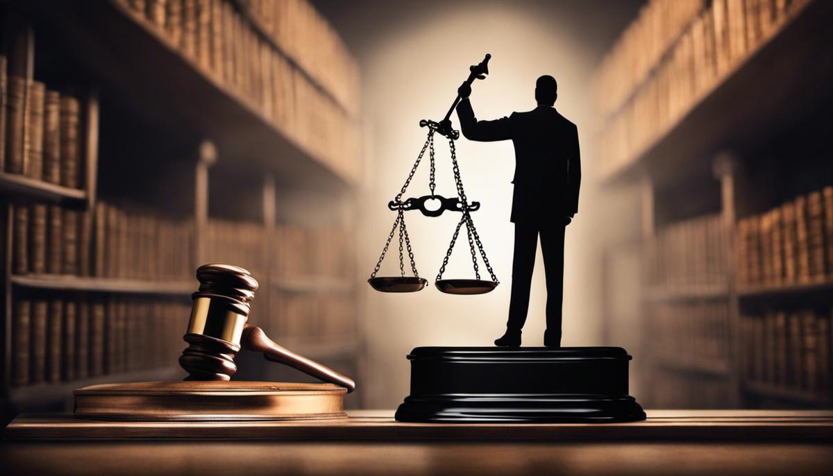 Image depicting the importance of legal defense, showing a person behind bars and a scale symbolizing justice.