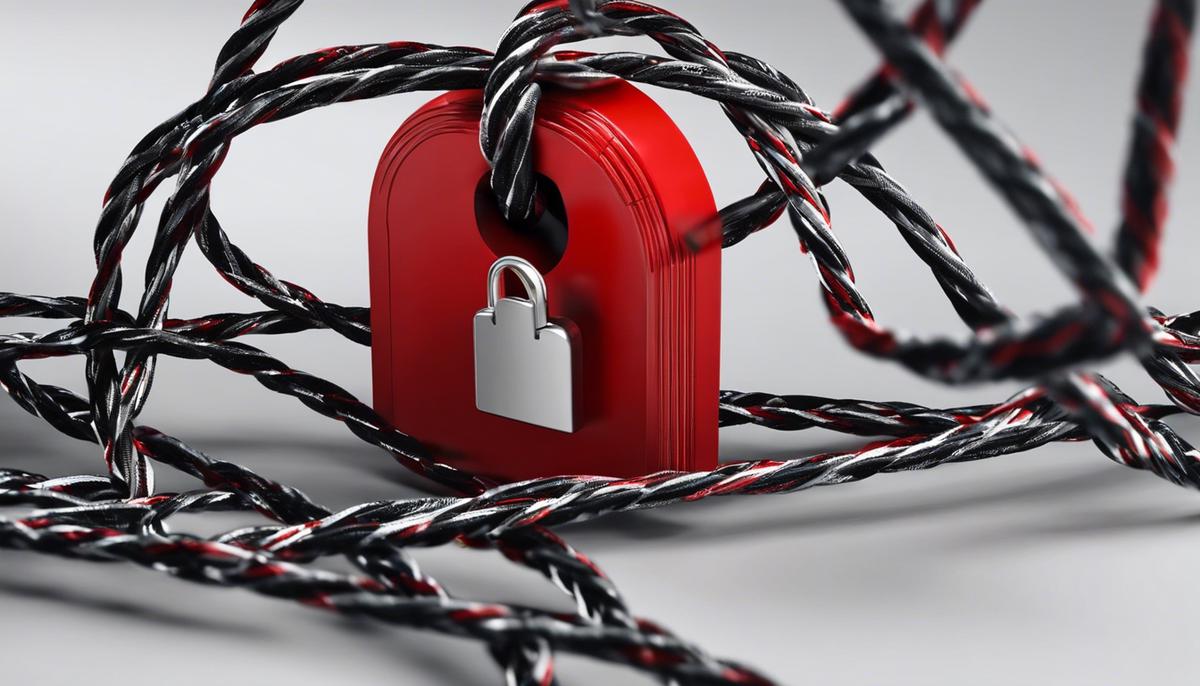 Image depicting the concept of internet crime, showing digital cables intertwined with a locked padlock representing security, with a red caution sign in the background indicating danger.