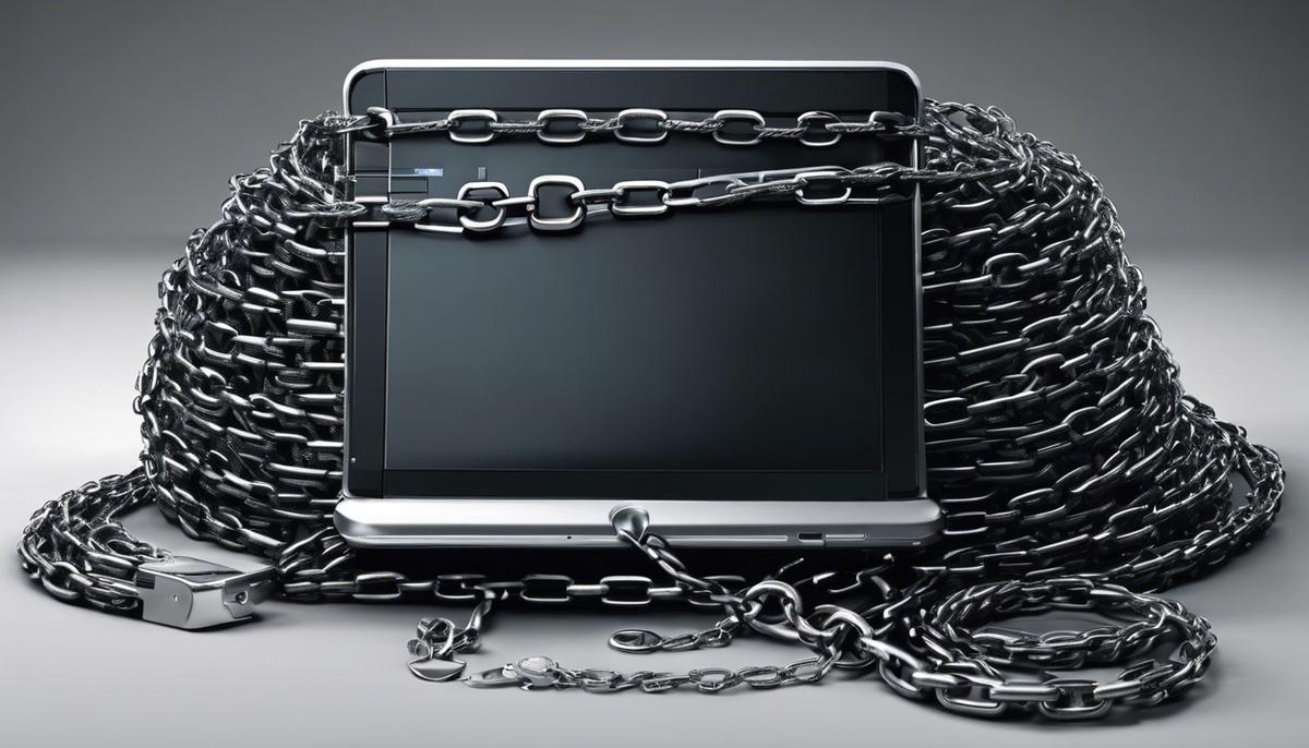 A visual representation of internet crime consisting of a computer with chains wrapped around it, symbolizing the struggle to keep up with the evolving digital landscape.