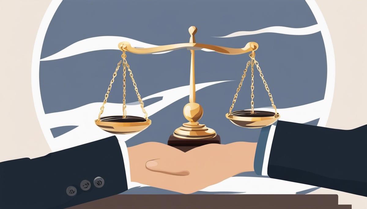 Illustration of hands holding a balance, symbolizing the balance between enforcing IP rights and achieving equitable resolution in litigation.