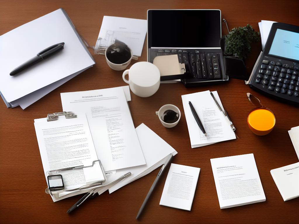 An image depicting someone preparing for a legal defense strategy, with various legal documents and evidence laid out on a table.