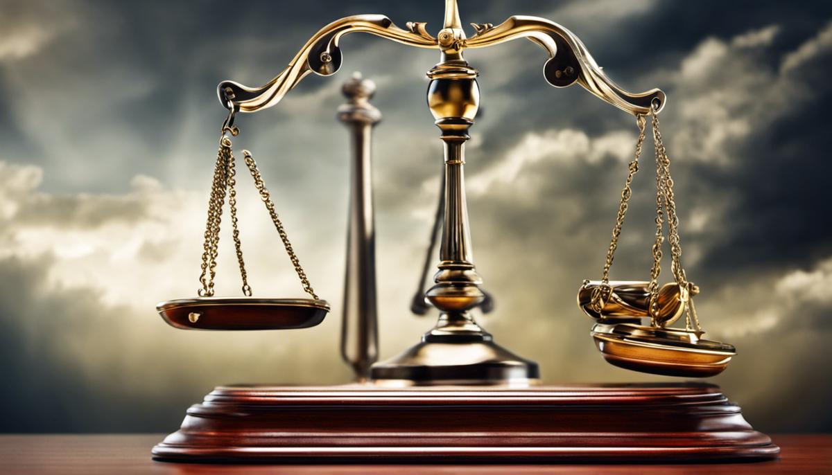 Image depicting various legal defense strategies being weighed on a balance scale