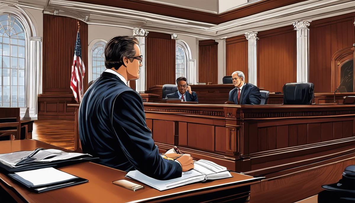 Illustration of a tax attorney in a courtroom, providing legal representation to a client.