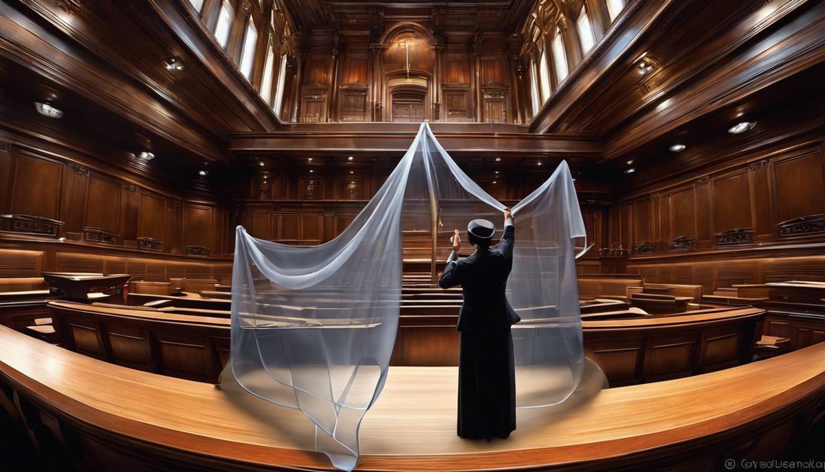 Image depicting a person lifting a veil and revealing the inner workings of a courtroom.